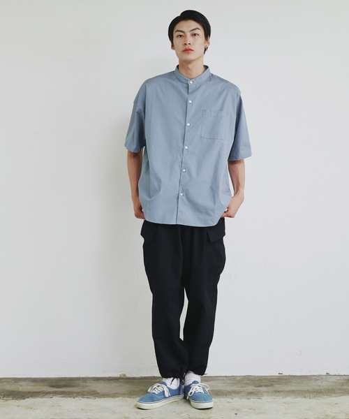 Magine（マージン）の「【SELECT】IR:ビッグサイズバンドカラーシャツS/S（シャツ/ブラウス・メンズ・サックスブルー/ブラック/ホワイト×ブルー/グレイッシュベージュ/ホワイト/グリーン/ブラック×ホワイト/グリーン系/サックスブルー系/イエロー/ラベンダー・M/L/XL）」の12枚目の写真