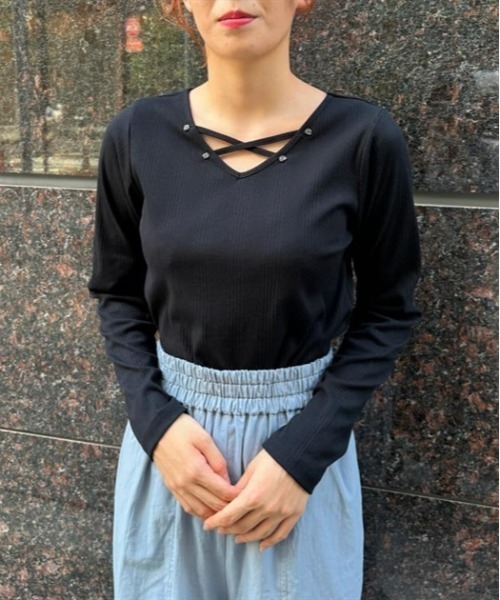 axes femme（アクシーズファム）の「前後２ＷＡＹクロスリブプルオーバー（Tシャツ/カットソー・レディース・キナリ/ブラック/ピンク・FREE）」の3枚目の写真