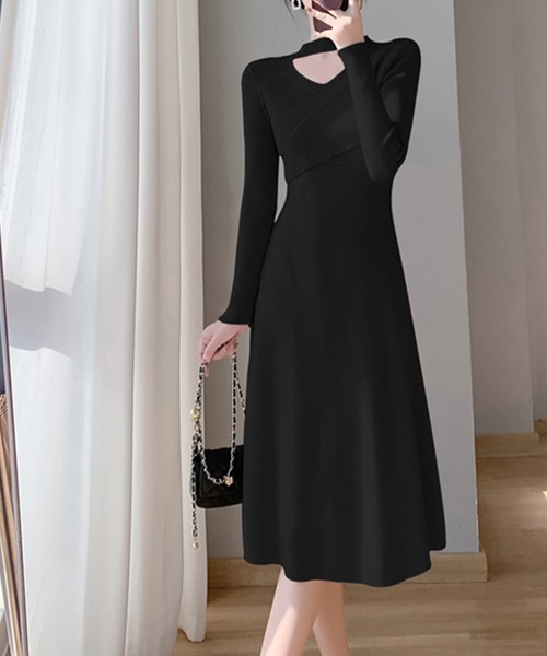 Miniministore(ミニミニストア)の「クロス ニットワンピース レディース長袖(ワンピース・レディース・ベージュ/アイボリー/ブラック/ピンク・フリー)」の3枚目の写真
