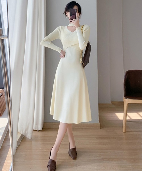 Miniministore(ミニミニストア)の「クロス ニットワンピース レディース長袖(ワンピース・レディース・ベージュ/アイボリー/ブラック/ピンク・フリー)」の19枚目の写真