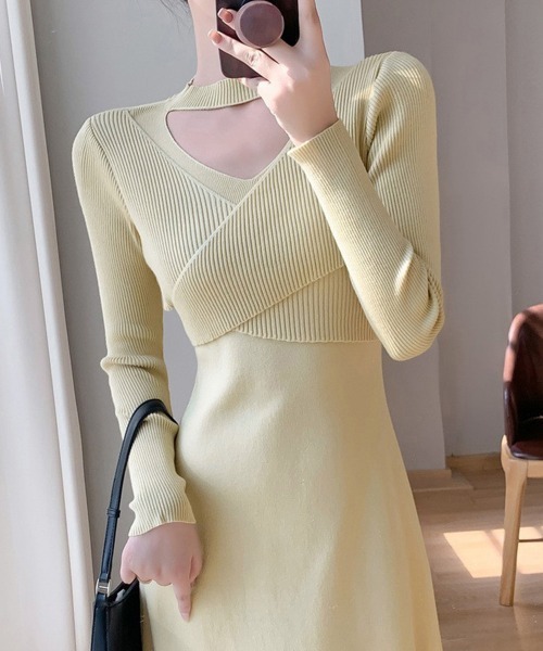 Miniministore(ミニミニストア)の「クロス ニットワンピース レディース長袖(ワンピース・レディース・ベージュ/アイボリー/ブラック/ピンク・フリー)」の17枚目の写真