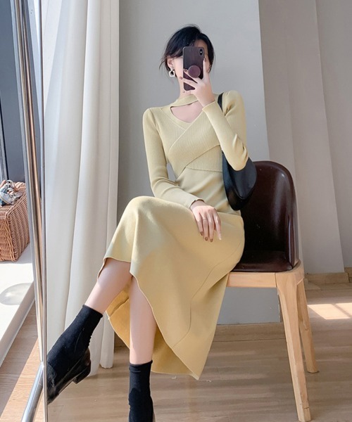 Miniministore(ミニミニストア)の「クロス ニットワンピース レディース長袖(ワンピース・レディース・ベージュ/アイボリー/ブラック/ピンク・フリー)」の15枚目の写真