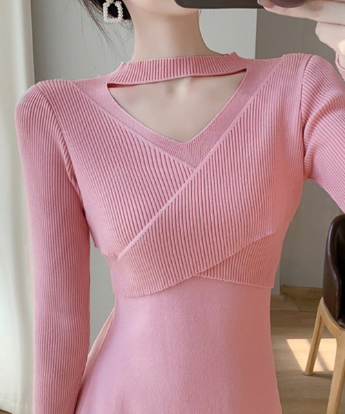 Miniministore(ミニミニストア)の「クロス ニットワンピース レディース長袖(ワンピース・レディース・ベージュ/アイボリー/ブラック/ピンク・フリー)」の11枚目の写真