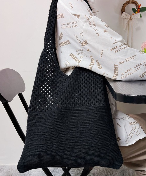SHEPP(シープ)の「メッシュ編み 切り替えニットトートBAG(トートバッグ・レディース・ブラック/ホワイト/アイボリー/グリーン・FREE)」の3枚目の写真
