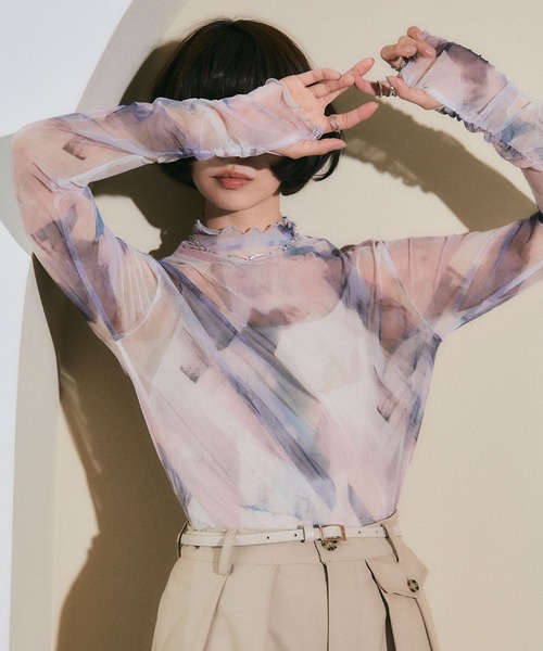 ELLEgirl（エルガール）の「ハイネック転写総柄シアートップス【ELLEgirl/エル ガール】（Tシャツ/カットソー・レディース・ベージュ系その他/ピンク・FREE）」の19枚目の写真