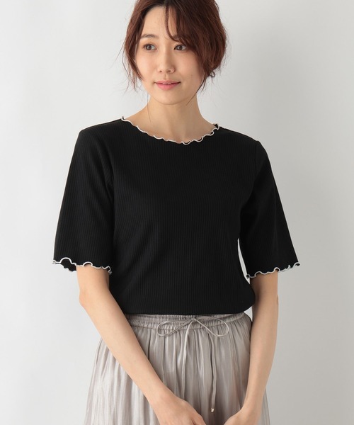 GLOBAL WORK(グローバルワーク)の「Beauteeメローリブ5分袖/987163(Tシャツ/カットソー・レディース・ホワイト×ブラック/サックスブルー/ブラック/アイボリー/モカ・LARGE/MEDIUM)」の1枚目の写真