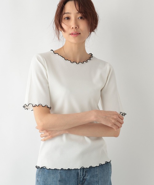 GLOBAL WORK(グローバルワーク)の「Beauteeメローリブ5分袖/987163(Tシャツ/カットソー・レディース・ホワイト×ブラック/サックスブルー/ブラック/アイボリー/モカ・LARGE/MEDIUM)」の14枚目の写真