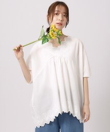 SHOO・LA・RUE | 【体型カバー/コットン100%】五分袖 スカラップレース刺繍ブラウス(シャツ/ブラウス)