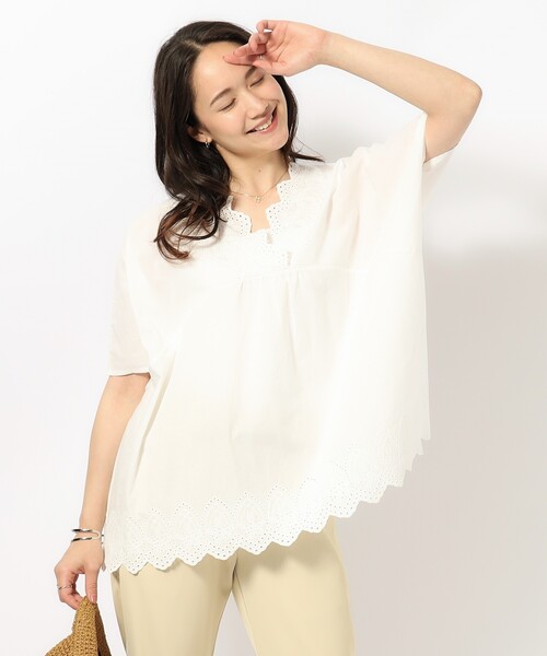 SHOO・LA・RUE(シューラルー)の「◆【体型カバー/コットン100%】5分袖 スカラップレース刺繍ブラウス(シャツ/ブラウス・レディース・マスタード/ブラック/オフホワイト・02/04/03)」の6枚目の写真
