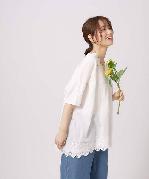 SHOO・LA・RUE(シューラルー)の「◆【体型カバー/コットン100%】5分袖 スカラップレース刺繍ブラウス(シャツ/ブラウス・レディース・マスタード/ブラック/オフホワイト・02/04/03)」の8枚目の写真
