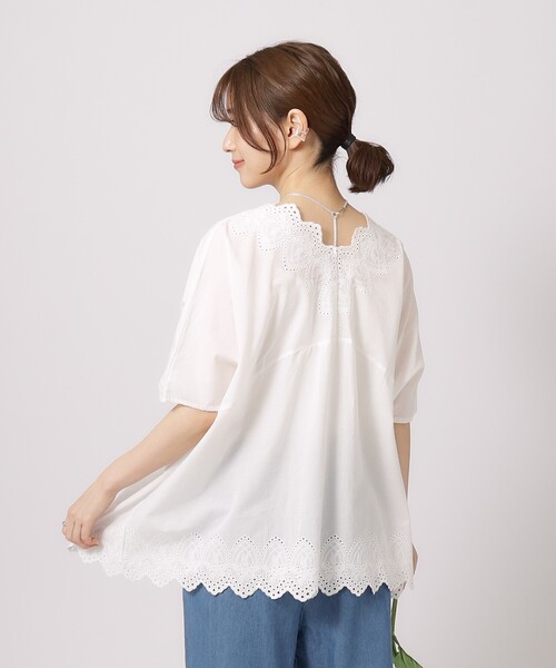 SHOO・LA・RUE(シューラルー)の「◆【体型カバー/コットン100%】5分袖 スカラップレース刺繍ブラウス(シャツ/ブラウス・レディース・マスタード/ブラック/オフホワイト・02/04/03)」の9枚目の写真