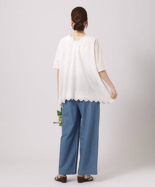 SHOO・LA・RUE(シューラルー)の「◆【体型カバー/コットン100%】5分袖 スカラップレース刺繍ブラウス(シャツ/ブラウス・レディース・マスタード/ブラック/オフホワイト・02/04/03)」の12枚目の写真