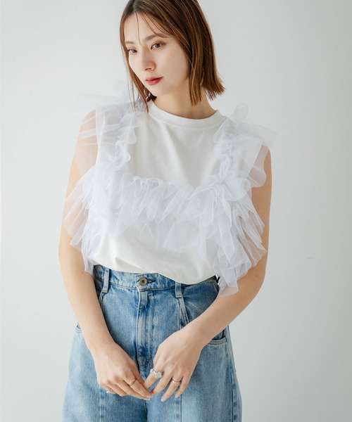 tシャツ レーヨンベア天 チュールドッキングカットソー レディース セール】3WAYチュールドッキングカットソー（Tシャツ/カットソー
