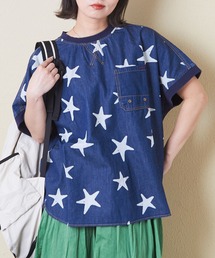 デニム/ツイルプリントプルオーバーブラウス