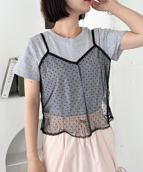 CLEA(クレア)の「【2点SET】シアードットキャミ レイヤード半袖トップス(Tシャツ/カットソー・レディース・アイボリー/ブラック/グレー・FREE)」の1枚目の写真