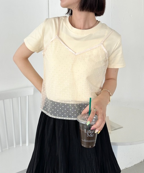 CLEA(クレア)の「【2点SET】シアードットキャミ レイヤード半袖トップス(Tシャツ/カットソー・レディース・アイボリー/ブラック/グレー・FREE)」の2枚目の写真