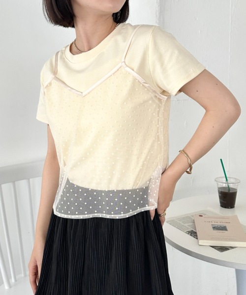 CLEA(クレア)の「【2点SET】シアードットキャミ レイヤード半袖トップス(Tシャツ/カットソー・レディース・アイボリー/ブラック/グレー・FREE)」の6枚目の写真