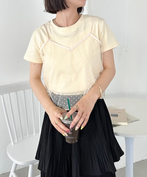 CLEA(クレア)の「【2点SET】シアードットキャミ レイヤード半袖トップス(Tシャツ/カットソー・レディース・アイボリー/ブラック/グレー・FREE)」の7枚目の写真