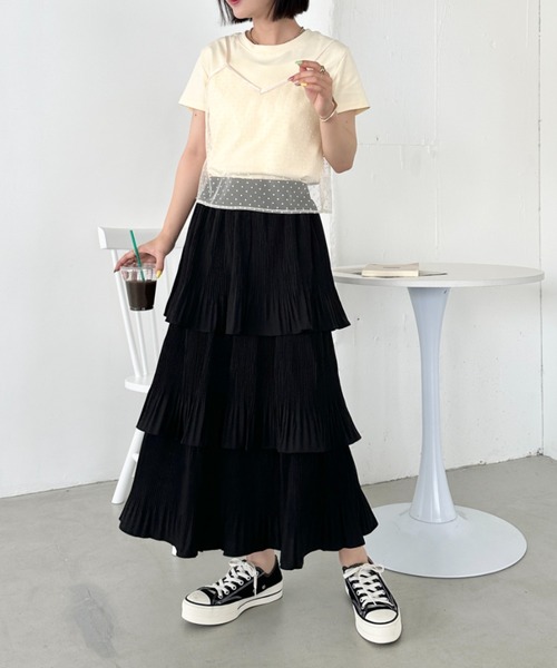 CLEA(クレア)の「【2点SET】シアードットキャミ レイヤード半袖トップス(Tシャツ/カットソー・レディース・アイボリー/ブラック/グレー・FREE)」の8枚目の写真