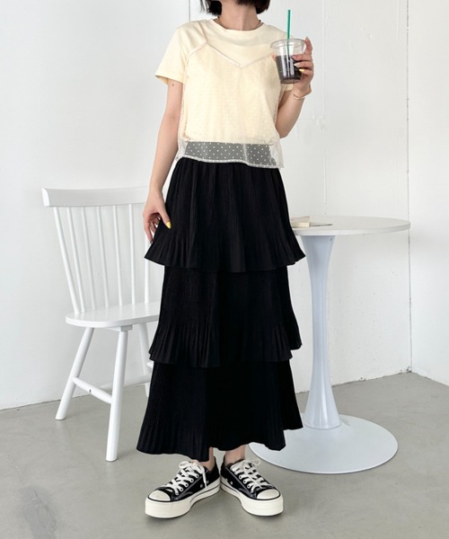 CLEA(クレア)の「【2点SET】シアードットキャミ レイヤード半袖トップス(Tシャツ/カットソー・レディース・アイボリー/ブラック/グレー・FREE)」の9枚目の写真