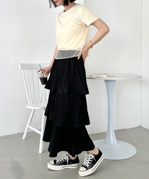 CLEA(クレア)の「【2点SET】シアードットキャミ レイヤード半袖トップス(Tシャツ/カットソー・レディース・アイボリー/ブラック/グレー・FREE)」の10枚目の写真