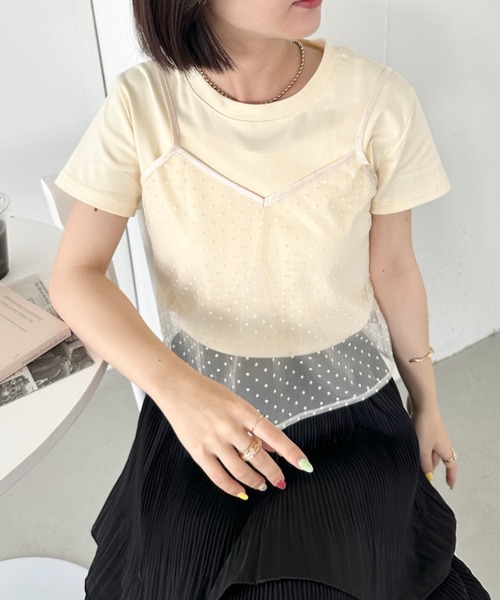 CLEA(クレア)の「【2点SET】シアードットキャミ レイヤード半袖トップス(Tシャツ/カットソー・レディース・アイボリー/ブラック/グレー・FREE)」の11枚目の写真