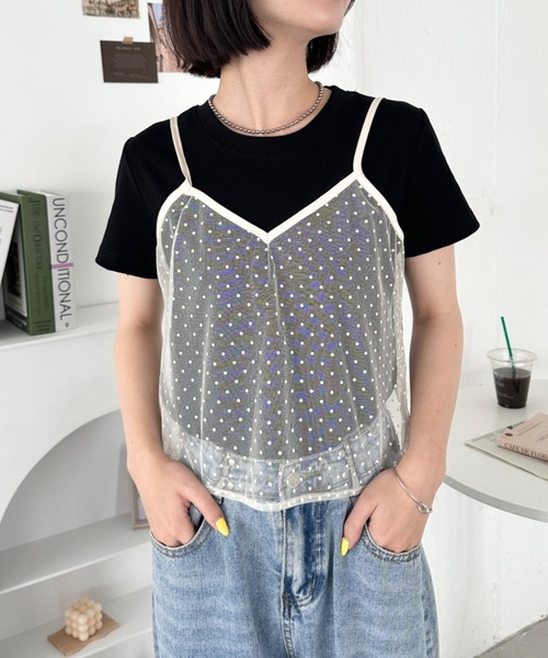 CLEA(クレア)の「【2点SET】シアードットキャミ レイヤード半袖トップス(Tシャツ/カットソー・レディース・アイボリー/ブラック/グレー・FREE)」の13枚目の写真