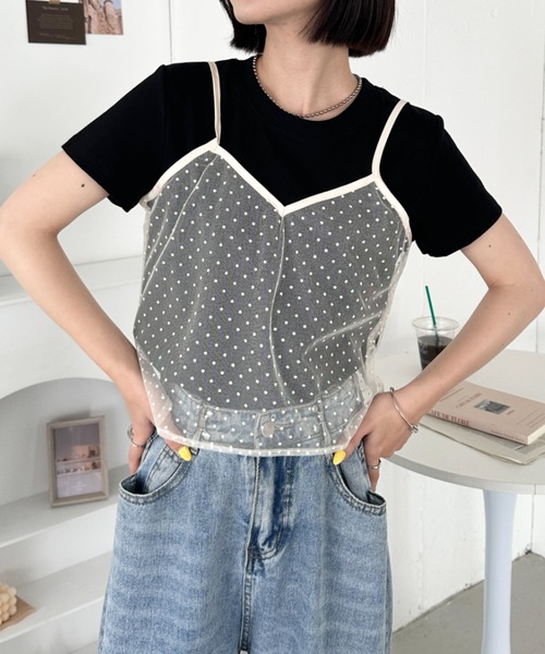 CLEA(クレア)の「【2点SET】シアードットキャミ レイヤード半袖トップス(Tシャツ/カットソー・レディース・アイボリー/ブラック/グレー・FREE)」の14枚目の写真