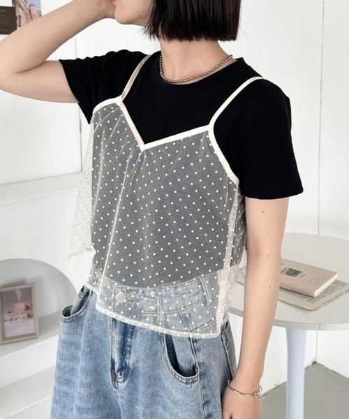 CLEA(クレア)の「【2点SET】シアードットキャミ レイヤード半袖トップス(Tシャツ/カットソー・レディース・アイボリー/ブラック/グレー・FREE)」の15枚目の写真