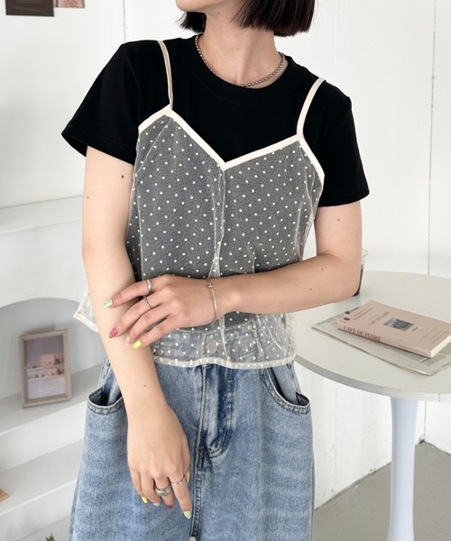 CLEA(クレア)の「【2点SET】シアードットキャミ レイヤード半袖トップス(Tシャツ/カットソー・レディース・アイボリー/ブラック/グレー・FREE)」の16枚目の写真
