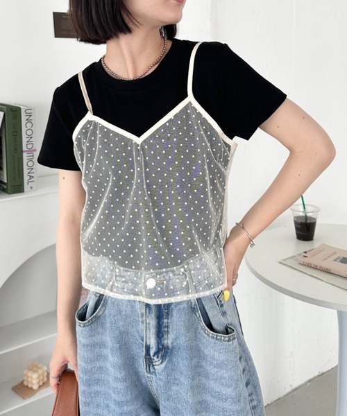 CLEA(クレア)の「【2点SET】シアードットキャミ レイヤード半袖トップス(Tシャツ/カットソー・レディース・アイボリー/ブラック/グレー・FREE)」の17枚目の写真