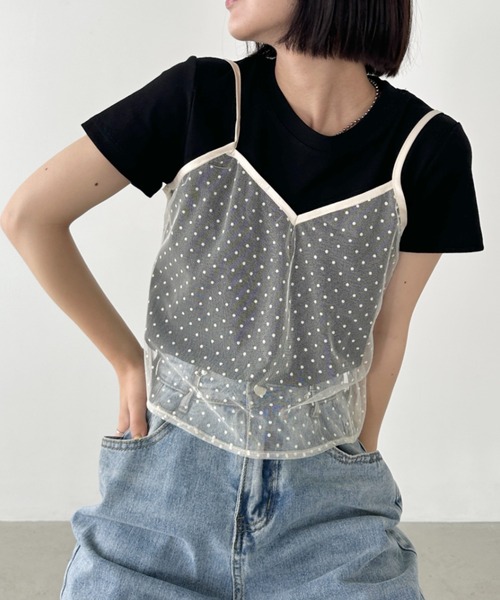 CLEA(クレア)の「【2点SET】シアードットキャミ レイヤード半袖トップス(Tシャツ/カットソー・レディース・アイボリー/ブラック/グレー・FREE)」の20枚目の写真