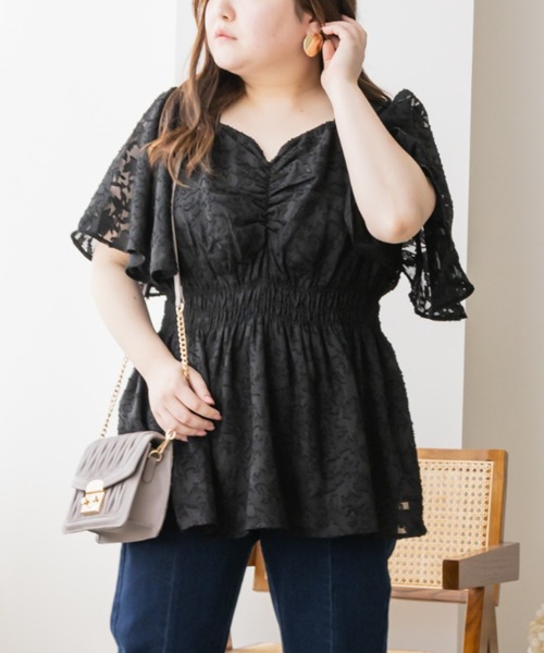 CLETTE(クレット)の「シアー花柄ペプラムブラウス(シャツ/ブラウス・レディース・ブラック/アイボリー/ブルー・4L/3L/LL)」の1枚目の写真