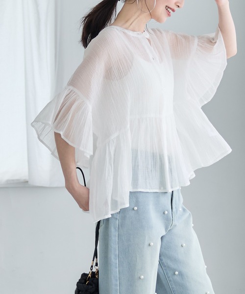 coca(coca)(コカ)の「シアーフリルブラウス(シャツ/ブラウス・レディース・ラベンダー/ホワイト/ライトベージュ/ブラック/ブラウン/ピンク・M/L/S)」の9枚目の写真