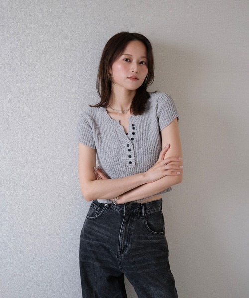 ニット セーター サイドリボンコンパクトニット／side ribbon compact knit 半袖 クルーネック バックオープン 肌見せ メランジ セール】サイドリボンコンパクトニット／side ribbon compact