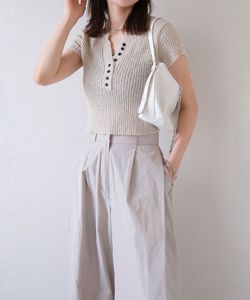 ニット セーター サイドリボンコンパクトニット／side ribbon compact knit 半袖 クルーネック バックオープン 肌見せ メランジ セール】サイドリボンコンパクトニット／side ribbon compact