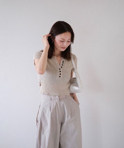 ニット セーター サイドリボンコンパクトニット／side ribbon compact knit 半袖 クルーネック バックオープン 肌見せ メランジ セール】サイドリボンコンパクトニット／side ribbon compact