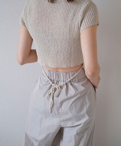 ニット セーター サイドリボンコンパクトニット／side ribbon compact knit 半袖 クルーネック バックオープン 肌見せ メランジ セール】サイドリボンコンパクトニット／side ribbon compact
