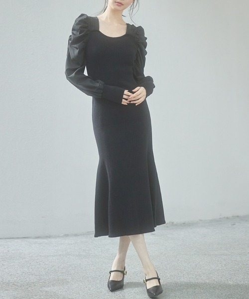 セール】スクエアネックマーメイドニットワンピース（ワンピース