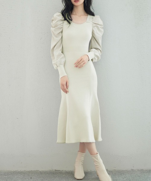セール】スクエアネックマーメイドニットワンピース（ワンピース