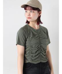 ANDMARY フロントギャザー 半袖Tシャツ グレー/ブラック フロントギャザー」に該当するレディースのTシャツ/カットソー