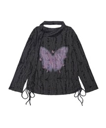 HOOK | 【HOOK】for girls リボンタイ付きバタフライプリントサイドシャーリングダメージ透かしニットソー(Tシャツ/カットソー)
