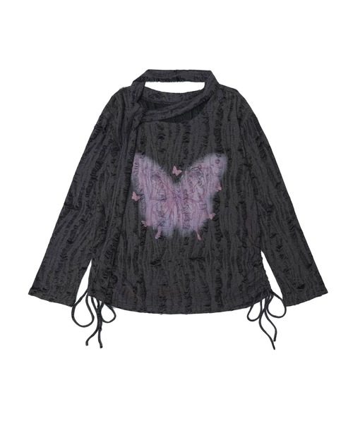 HOOK(フック)の「【HOOK】for girls リボンタイ付きバタフライプリントサイドシャーリングダメージ透かしニットソー(Tシャツ/カットソー・レディース・グレー/ライトベージュ・S/L/M)」の1枚目の写真