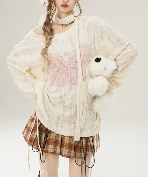 HOOK(フック)の「【HOOK】for girls リボンタイ付きバタフライプリントサイドシャーリングダメージ透かしニットソー(Tシャツ/カットソー・レディース・グレー/ライトベージュ・S/L/M)」の2枚目の写真