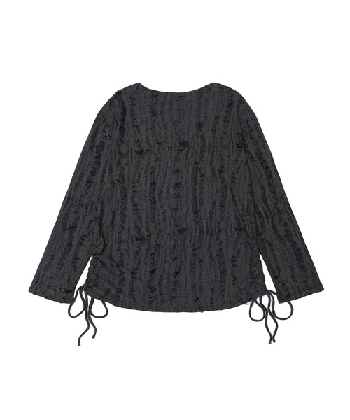 HOOK(フック)の「【HOOK】for girls リボンタイ付きバタフライプリントサイドシャーリングダメージ透かしニットソー(Tシャツ/カットソー・レディース・グレー/ライトベージュ・S/L/M)」の8枚目の写真