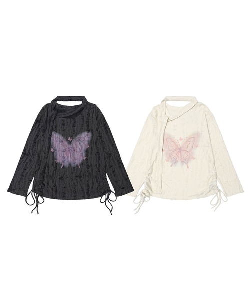HOOK(フック)の「【HOOK】for girls リボンタイ付きバタフライプリントサイドシャーリングダメージ透かしニットソー(Tシャツ/カットソー・レディース・グレー/ライトベージュ・S/L/M)」の3枚目の写真