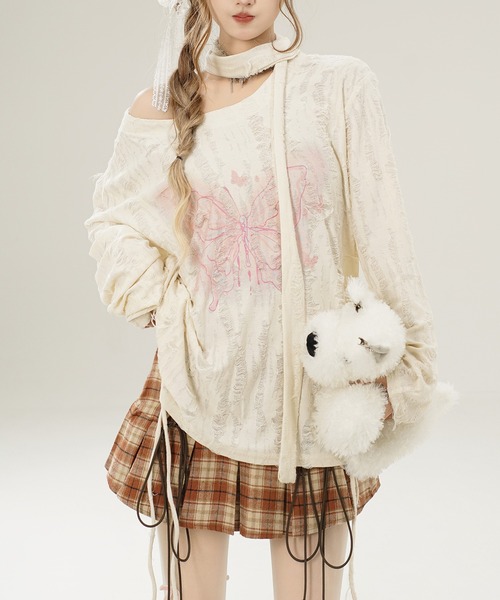 HOOK(フック)の「【HOOK】for girls リボンタイ付きバタフライプリントサイドシャーリングダメージ透かしニットソー(Tシャツ/カットソー・レディース・グレー/ライトベージュ・S/L/M)」の9枚目の写真