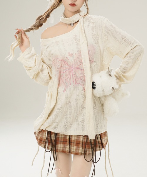 HOOK(フック)の「【HOOK】for girls リボンタイ付きバタフライプリントサイドシャーリングダメージ透かしニットソー(Tシャツ/カットソー・レディース・グレー/ライトベージュ・S/L/M)」の10枚目の写真