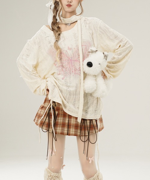 HOOK(フック)の「【HOOK】for girls リボンタイ付きバタフライプリントサイドシャーリングダメージ透かしニットソー(Tシャツ/カットソー・レディース・グレー/ライトベージュ・S/L/M)」の12枚目の写真