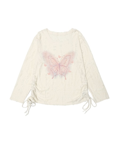 HOOK(フック)の「【HOOK】for girls リボンタイ付きバタフライプリントサイドシャーリングダメージ透かしニットソー(Tシャツ/カットソー・レディース・グレー/ライトベージュ・S/L/M)」の5枚目の写真